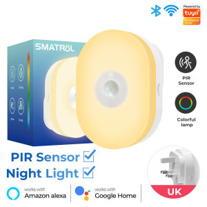 SMATRUL Tuya Wifi Human Body Infrared Sensing wireless Light PIR Motion Sensor Induction Lamp Smart Led Night Light Eu Us Uk Plug In Wall Lamp Warm White RGB Smart Life App control Bedroom Voice control For Alexa Home