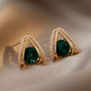good 999 18K gold Fashionable green crystal personalized design temperament geometric Zircon Earrings ES6240