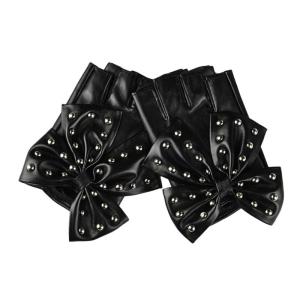 PU Leather Half Finger Gloves With Rivet Studded Bowknot Decors Punk Gloves For Youth Women Music Festival Parties