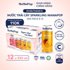 Thùng 12 lon nước trái cây sparkling MaMaPop mix 6 vị (320ml/lon)