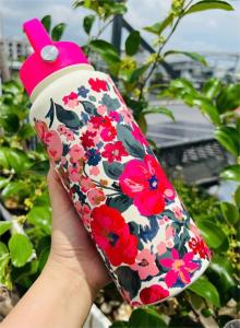 Bình Giữ Nhiệt Hoa Vintage Dung Tích Lớn 1000ML Inox 304 Có Quai Xách Tiện Lợi-Thân kem nắp hồng