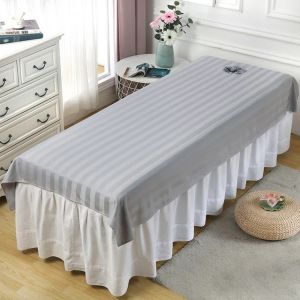 Striped Massage Table Bed Sheet Saloon Bed Cover Table Bed Cover with Face Breath Hole Anti-Wrinkle Bed Sheet Spa Salon Bed Cover