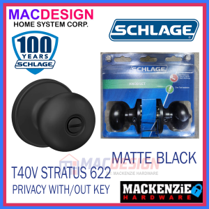 SCHLAGE T40V STRATUS 622 MATTE BLACK KNOB SET PRIVACY LOCK WITH OUT KEY