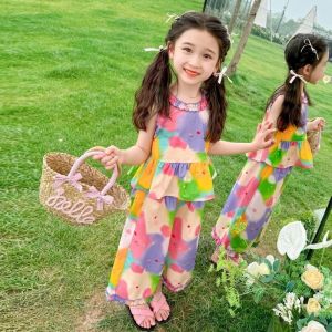 90-140เซนติเมตรสาวฤดูร้อนแขนกุดสูทสไตล์ใหม่เด็กแฟชั่นมัดย้อมเสื้อกั๊กเด็กสาวเกาหลีกางเกงขากว้างชุดสองชิ้น Korean style girls two-piece suit【LittleLion】