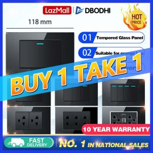 【BUY 1 TAKE 1】Wide Series Wall Switch Light Tempered Glass Panel Power Socket 16A 250V Wall Switch with Light 1/2/3/4 Gang 1/2 Way Light Switch for Home