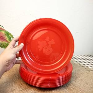 ถาดพลาสติก ถ้วยน้ำชา 5 ถ้วย ถาดแดง ขนาด 9นิ้ว 10นิ้ว 12นิ้ว ยกโหล จานแดงไหว้เจ้า ลายมงคลโชคดี ตรุษจีน เกรดA