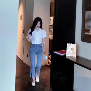 Ammin 2024 mùa hè thời trang đơn ngực đi lại Bông Áo sơ mi với Ngắn Tay Cổ ve vải sọc cổ điển với một áo blouse thanh lịch