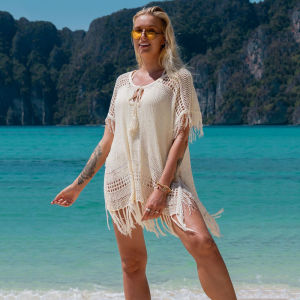 DN0836 Hollow Out Tassle Beach Cover Up Split Crochet Beach Tunic Mini Dress See Through Swimsuit Oversize 2025