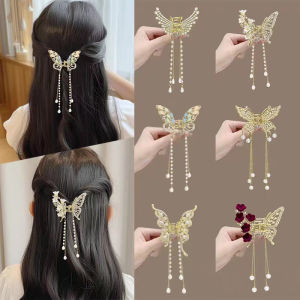 [AYLMER] Exquisite Rhinestone Butterfly Fringe Hair Claw Clips Korean New Ponytail Braid Hairpin Girl Crab Metal Headdress Gift