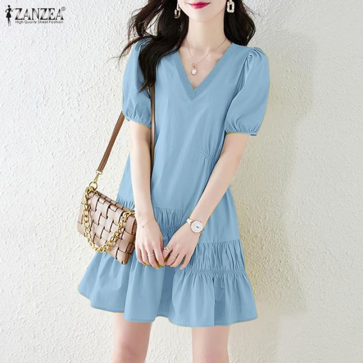 ZANZEA Korean Style Women Elegant V Neck Party Dress Solid Short Puff ...