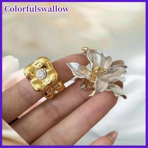 Colorfulswallow Vàng Và Trắng Tương Phản Men Tulip Hoa Nhẫn Ins Cao cấp Vuông Phụ Nữ Ngón Tay Nhẫn Đồ Trang Sức Quà Tặng
