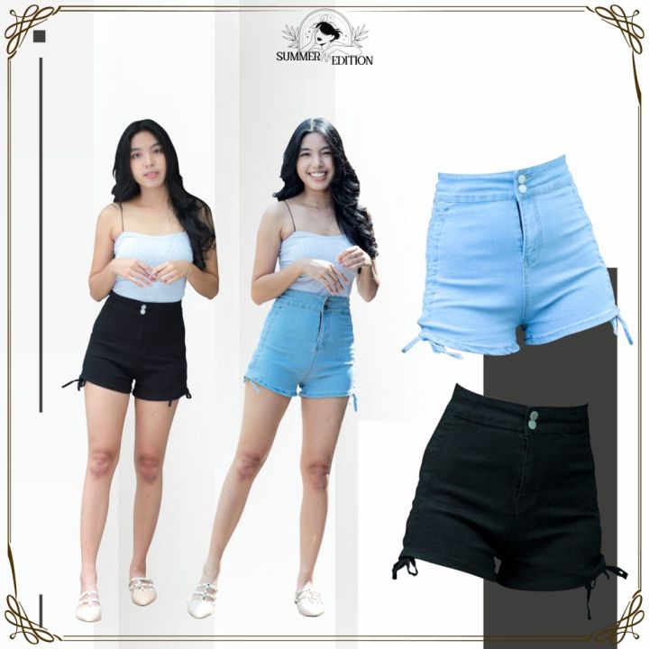 Celana Pendek Hotpants Highwaist Jeans Wanita Dengan Tali Serut