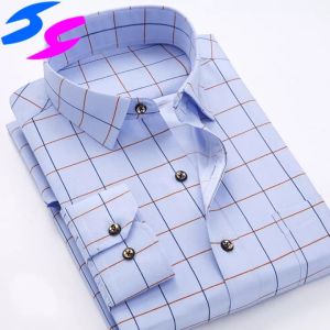 HY Fashion Men Plaid Print Long Sleeved Shirt 100% Polyester Mens Shirt Male Slim Fit Brand Clothing