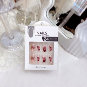 【With Glue】Mid-length Fake Nail Pink Love Bow Decor Artificial Nail for Women and Girl Party Activity