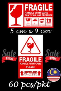 Msia Stock 60pcs Fragile Sticker Mudah Pecah Sticker Label Warning Pelekat Carton Box 9x5cm
