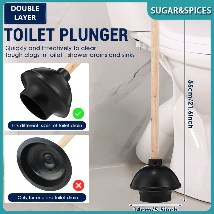 Wooden Handle Toilet Plunger Double-Layer Toilet Pump Rubber Toilet ...