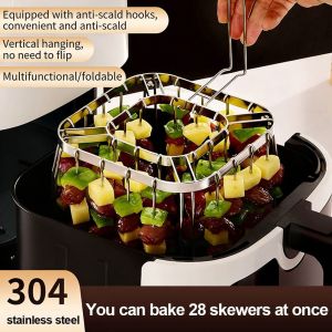 SKJK 304 Stainless Steel Air Fryer Grill Foldable Thickened Vertical Grill Rack Durable Portable Barbecue Grill for Home Kitchen