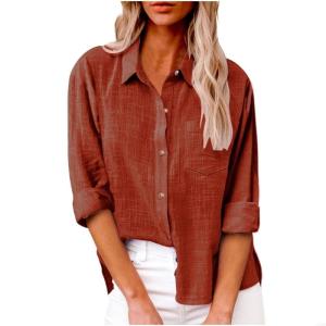 Womens Cotton Linen Button Down Shirt F3MD
