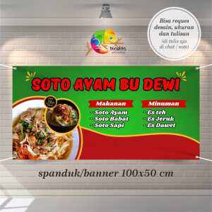 Cetak Spanduk Banner Hijau & Merah Minimalis Promosi Menu Makanan Warung Makan Soto Ayam