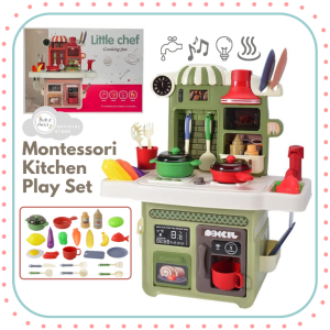 Montessori 23 Pc Kids Kitchen Cooking Play Set Food Play Kitchen Toy with Realistic Water Lights Sounds Steam Mist Spray Childrens Educational Playset Kitchen Accessories Smoke Machine Play Sink Toddlers Learning Gift