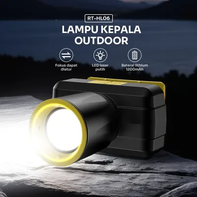 ROBOT Headlamp Lampu Kepala LED 140 Super Terang Baterai Lithium 1200mAh Tahan 5 Jam Fokus Jarak Jauh Dekat 3 Mode Cahaya Terang Redup Tali Elastis Nyaman Untuk Camping Hiking Gunung Mancing Outdoor RT-HL06 Original Garansi Resmi 1 Tahun