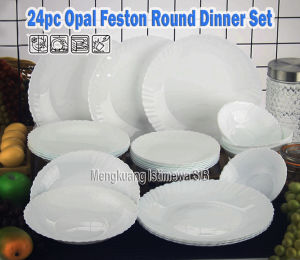 24 Piece Opal White Chip and Break Resistant Microwave Safe Opal Glass Dinnerware Set LZ77724