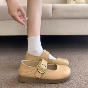 Free Shipping Retro WomenS Single Shoes 2026 New Spring Collection Round-Toe Thick-Soled Shallow-Mouth Leather Shoes