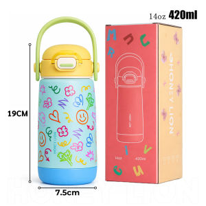 HoneyLion - 304 Stainless Steel Kids Vacuum Flask 410ml Leakproof Anti Splash Exhaust Button Straw Water Bottle for Students