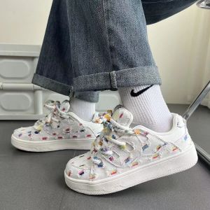7Li Womens Rainbow Plaid Canvas White Shoes ins Trendy Shoes 2024 New Autumn Niche Sneakers Thick Sole Bread Shoes Womens