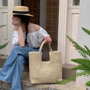 HI MIA Large Capacity Beach Straw Bag Simple Commute Woven Tote Bag Leisure Summer Laptop Bag Girls