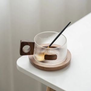 Simple Coffee Mug Set Tea Cups 250ml Office Glass Water Mug Casual Afternoon Tea Cup With Tray Spoon Kung Fu Beverage Mug