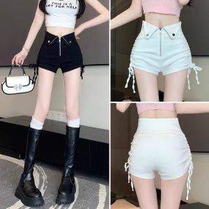 COD新款高腰抽绳黑色短裤大码外穿设计感收腹修身短热裤子ins潮2026新品