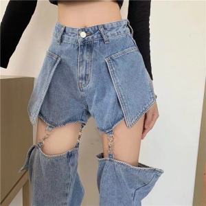 Stunning Lady Spring and Summer Loose High-rise Wide-leg Detachable Straight-leg Jeans
