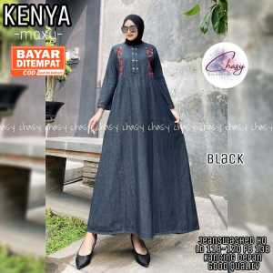 Kenya Maxy Jumbo XXL Gamis Jeans Maxy Dress Jeans Wanita Terbaru Big Size Gamis Busui Gamis Bordir Bunga Kekinian