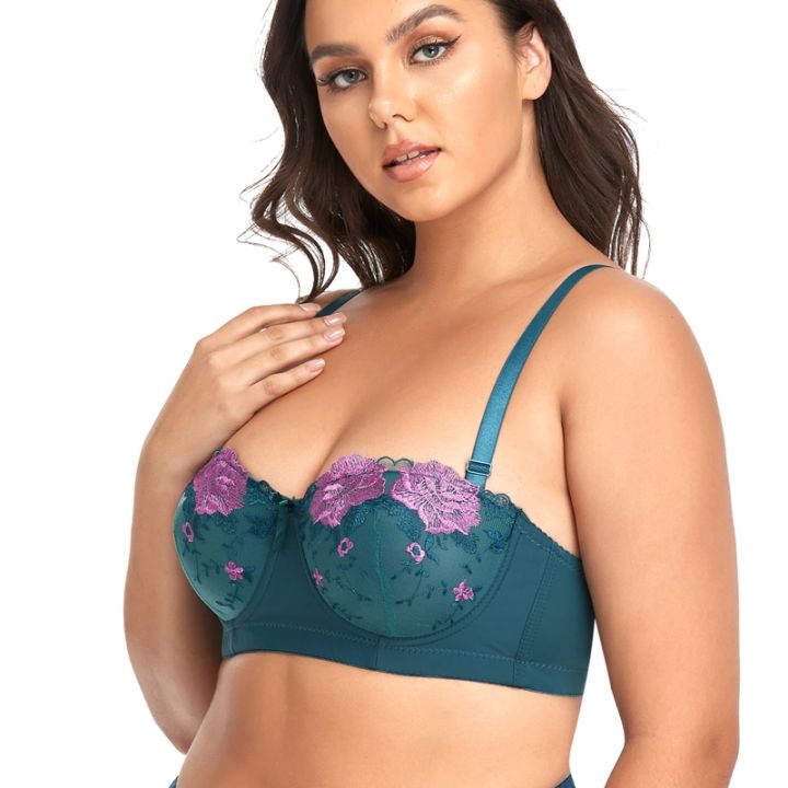 XiushirenFloral Lace Thin Mold Cup Bras Plus Size Women Embroidered  Underwear Half Cup Unlined Lenceria for Girls No Padding Bra 38 40 42 44 46  48 C cup bra