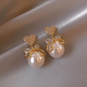 ฟรา Scati ต่างหูห้อยโบว์สำหรับสตรีเครื่องประดับจี้คริสตัลทรงหยดน้ำแฟชั่นแบบเกาหลีหรูหราไข่มุกเทียมความรัก