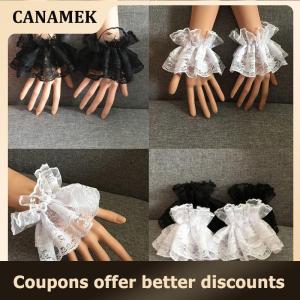 【 CANAMEK 】 Lolita Hand Sleeve Wrist Cuffs Ruffled Floral Black Lace Elastic Bracelet Elegant Ladies Short Lace Gloves Halloween