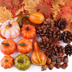 Artificial Pumpkins With Maples Leaves Pinecones Hazelnuts For Halloween Fall Party Decorations Indoors Outdoor