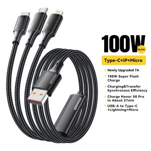 Essager 7A 100W 3 trong 1 Cáp USB Type C Micro Cắm Dây Dây Dữ Liệu Điện Thoại Di Động
