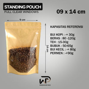 ( 10 Pcs ) Standing Pouch Craft full Clear Windows | Kemasan Makanan | Klip Satuan | Ziplock | Kemasan Teh