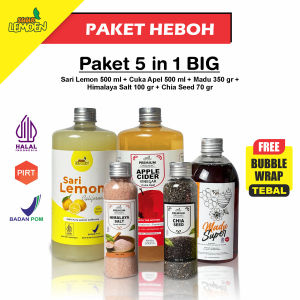 Promo - Paket Super Hemat Cuka Apel 500 ml + Sari Lemon 500 ml + Madu 350 g + Chia Seed 70 g + Garam Himalaya 100 g / Halal Dan Berizin BPOM