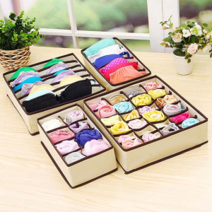 Drumil Set of 4 Foldable Drawer Divider Storage Boxes | Non-Woven Closet Organizer for Socks Bras Underwear Ties | Beige Innerwear Storage Organizer for Wardrobe Drawers and Under Bed