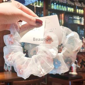 [COD] Beaution New Organza Hair Rope Embroidery Flowers Forest System Scrunchies Ponytail Transparent Tulle Romantic Pink Blue Hair Accessories