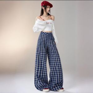 Blue Checkered Loose Fit Wide Leg Pants Women Retro Casual High Waist Trousers