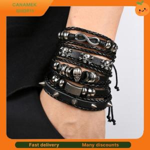❣️❣️❣️ Vinatge Gothic Punk Skull Star Metal Multilayer Leather Men Bracelets & Bangles