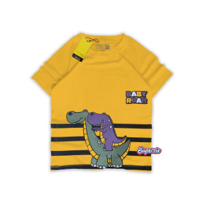 Baju Kaos Anak Laki Laki Series Motif Dinoaurus Tyrex Warna Mustard