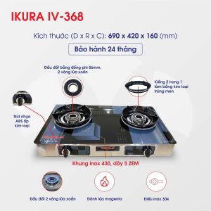 Bếp Ga Đôi IKURA Model: IV-368 Kiền Liền Có Chắn Gió Đầu Đốt Phi 86 mm 2 Vòng Lửa Xoắn Tiết Kiệm Gas