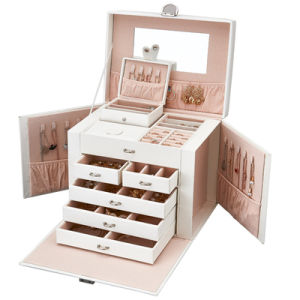 Casegrace หรูหราขนาดใหญ่หนัง PU กล่องเครื่องประดับออแกไนเซอร์สาว 5 ชั้นต่างหูแหวนสร้อยคอกล่องเก็บพร้อมกระจก