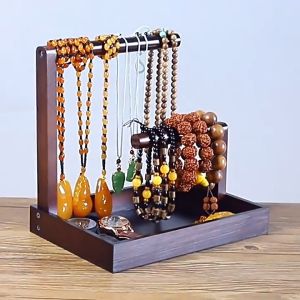 Keranixy Wood Necklace Rack Jewelry Display Stand Bracelet Organiser Watch Storage with Hooks Key Holder Meja Simpan