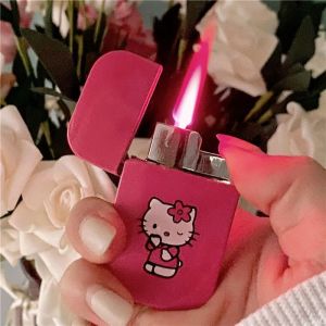 Wholesale HelloKitty Cartoon Lighter Windproof High-end Home Cute KT Cat KTV Bar Ultra-thin Cigarette Lighter Pink Flame Gift
